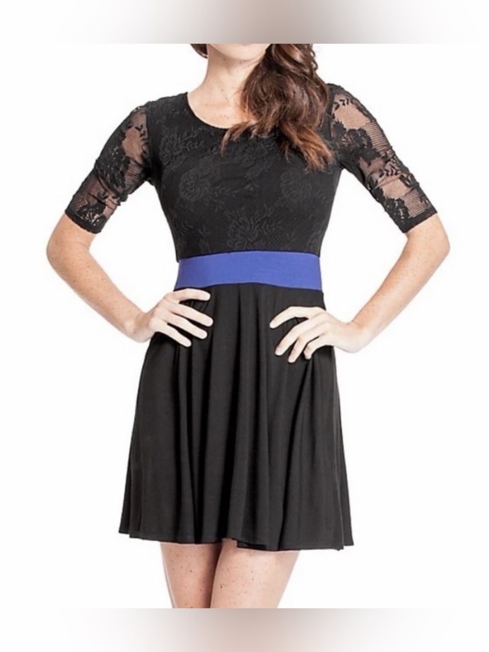 GUESS Gina Half-Sleeve Dress blue Black Lace Bodice Women Small